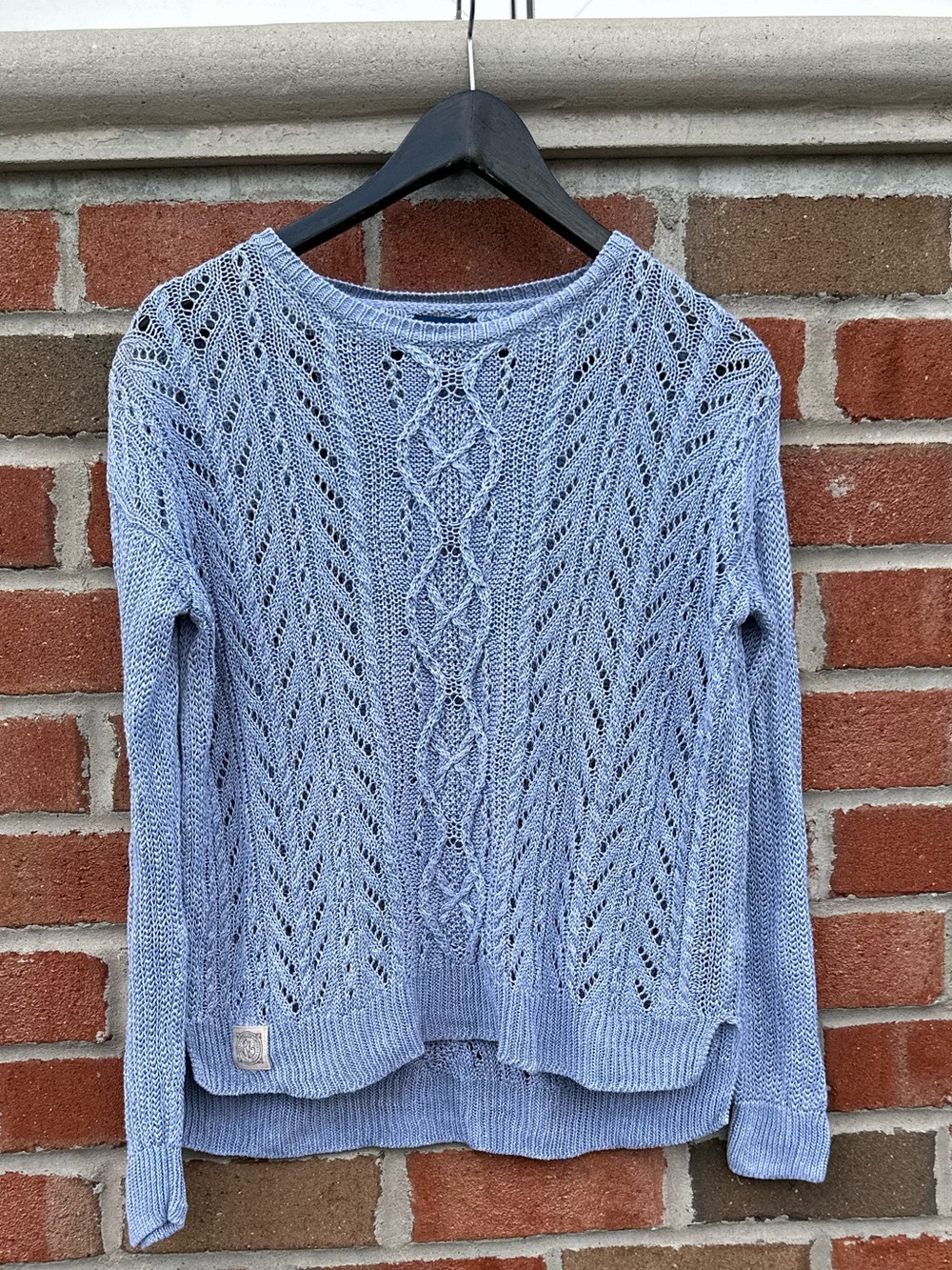 Polo Ralph Lauren Linen Sweater Girls L Blue Pointelle Cable Knit 100% Linen